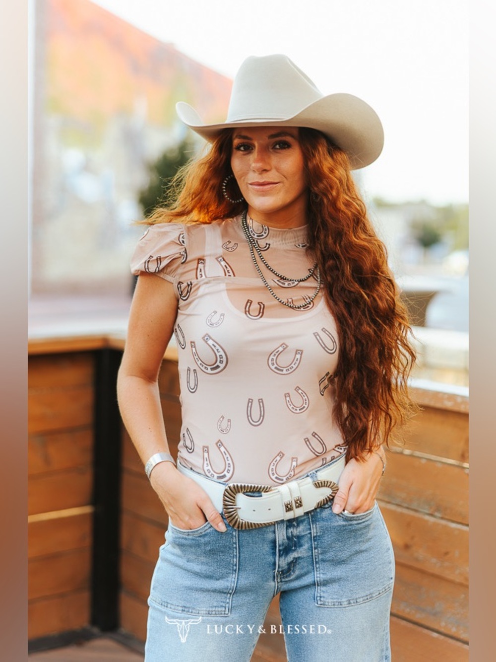 Lucky & Blessed Camel Horseshoe Printed Long Sleeve Stretch Mesh Top
